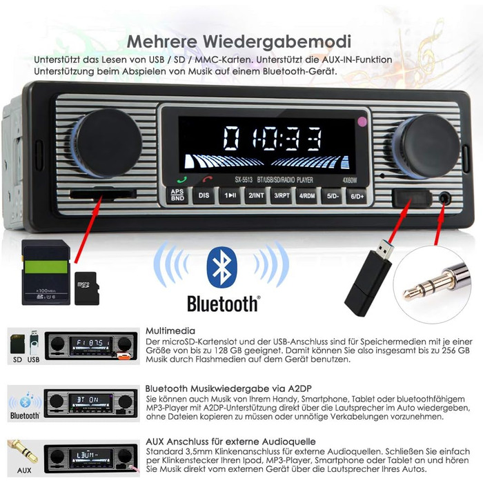 Автомобільна радіостанція iFreGo з Bluetooth гучний зв'язок, 1 DIN Bluetooth радіо з USB-портом/AUX/TF/MP3-плеєром, FM-автомагнітола з бездротовим пультом дистанційного керування, дисплей часу, 60WX4