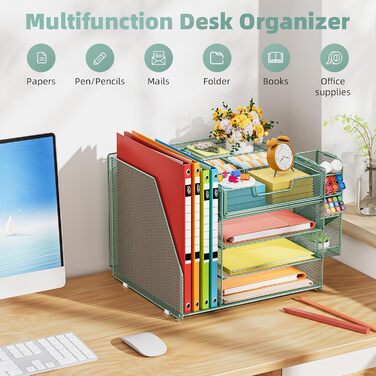 Настільний органайзер Marbrasse з тримачами для файлів, 4-рівневий лоток для листів, відділення, шухляди, підвісний тримач для ручок, сітчастий лоток для паперу для зберігання документів у домашньому офісі (зелений)