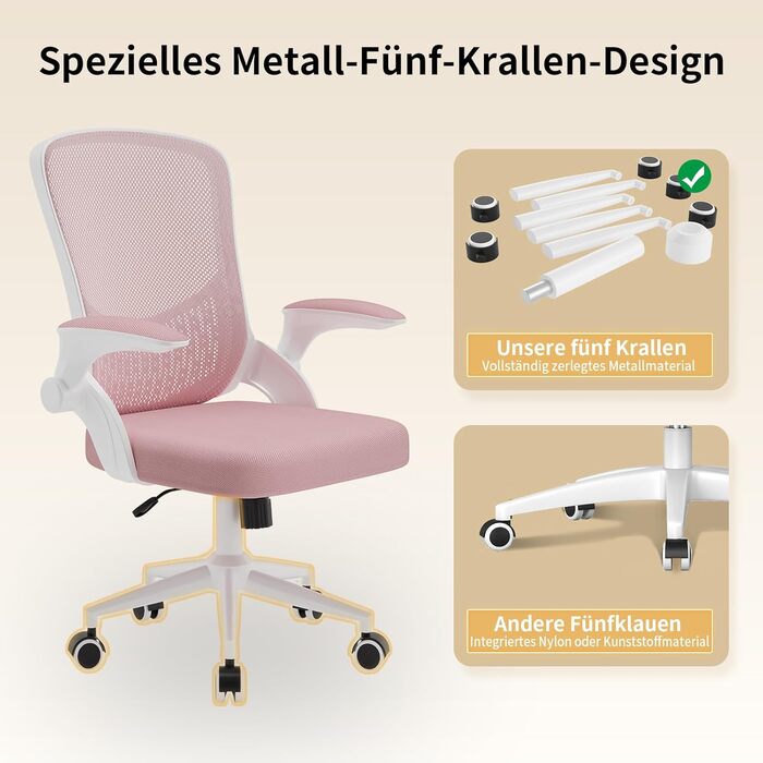 Ергономічне офісне крісло naspaluro, стілець для роботи з підлокітниками, що складаються на 90, унікальна поперекова підтримка, дихаюча сітчаста оббивка для домашнього офісу, кабінет, рожевий (без підголівника)