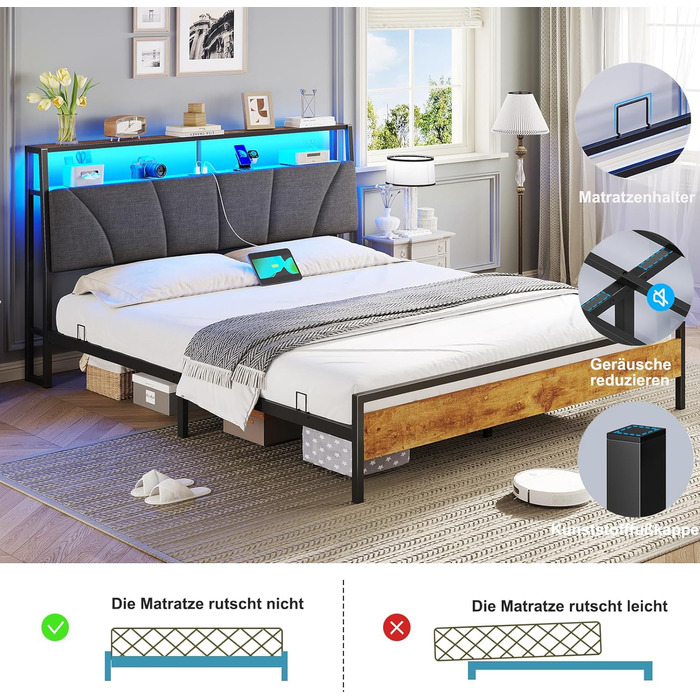 Ліжко 180x200 з металевою рейковою основою, двоспальне ліжко 180x200 см зі світлодіодним підсвічуванням, каркас ліжка 180x200 см з узголів&39ям та зарядною станцією (2 розетки змінного струму, 2 USB-порти) Сучасне, сіро-сірий 180x200 см