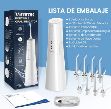 Професійний іригатор для порожнини рота Vimmk, водонепроникний IPX7, резервуар 300 мл, USB-C зарядка, для очищення зубів (білий)