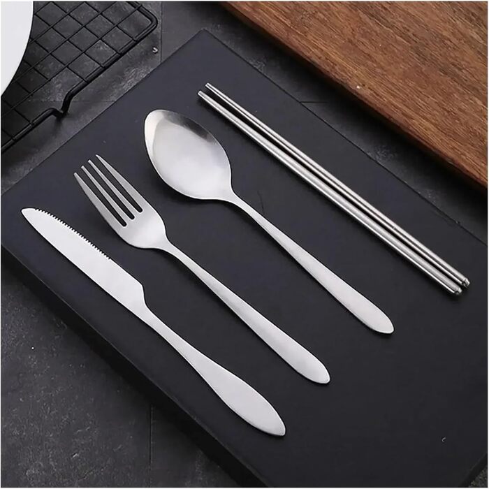 Загальний набір столових приборів з 4 предметів для подорожей, кемпінгу, портативний посуд з нержавіючої сталі, палички для їжі, ложка, виделка, ніж для стейку з футляром для зберігання