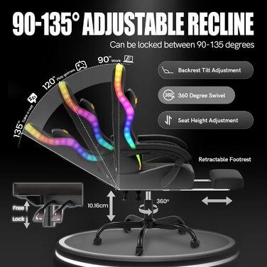 Ігрове крісло bigzzia з RGB LED - Ергономічне ігрове крісло з поперековою опорою та підставкою для ніг, регульоване та поворотне ігрове крісло зі штучної шкіри, 150 кг, чорне зі світлодіодним підсвічуванням