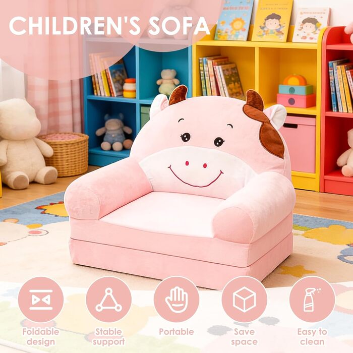 Складане дитяче крісло, зручний дитячий диван, портативний дитячий диван з ручкою для перенесення, дитячий стілець з пінопластовою підкладкою, крісло для читання для дітей віком від 1 до 4 років, ідеї подарунків на Різдво, дні народження, корову
