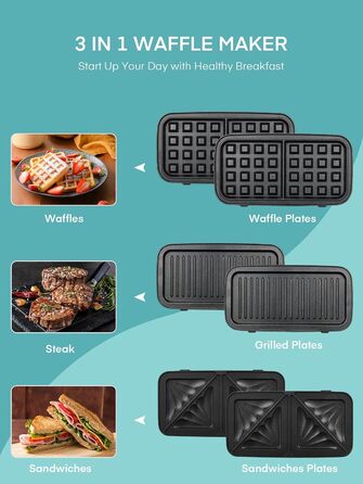 Бутербродниця 3 в 1, вафельниця/контактний гриль/бутербродниця 1200 Вт, 5-швидкісний контроль температури, набори пластин Coater з антиприлипним покриттям, термоізольована ручка, можна мити в посудомийній машині, світлодіодні лампи, синій