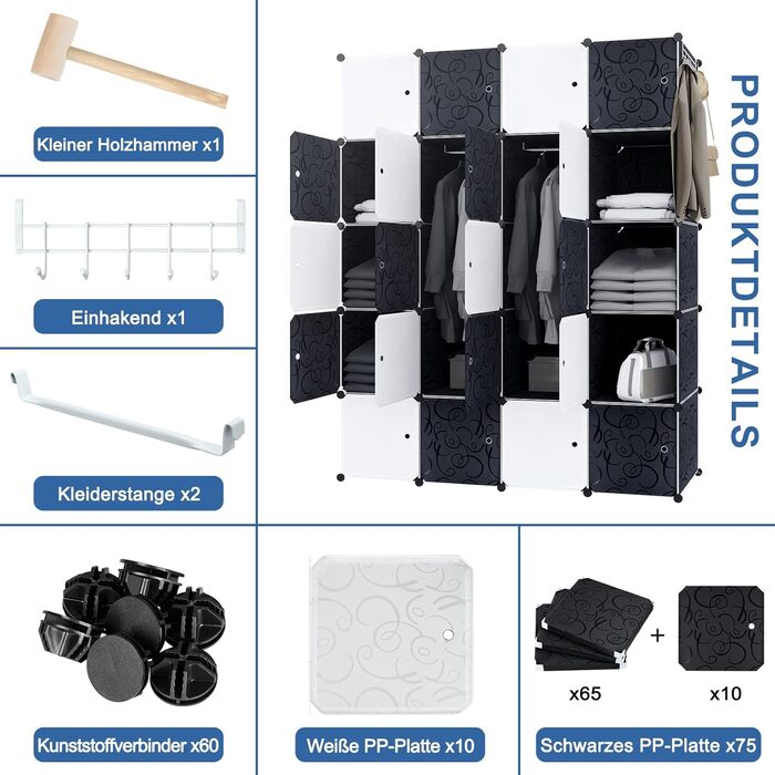 Система полиць, вставний стелаж із пластику, шафа з дверима та рейкою для одягу, шафа для спальні, комбінована шафа для одягу, книг, іграшок (20 кубиків, білий та чорний)