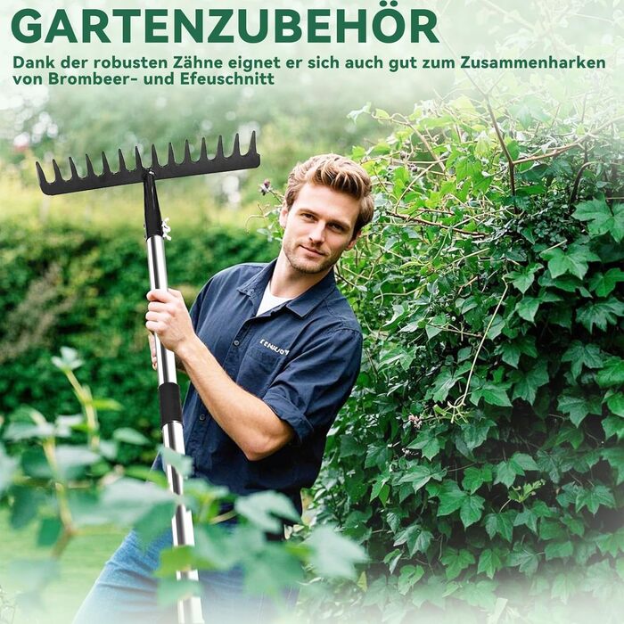 Гартований садовий грабель з ручкою, металевий грабель з 14 зубцями для розпушування ґрунту та вирівнювання газону, садовий інструмент, міцний грабель для листя з нержавіючою ручкою