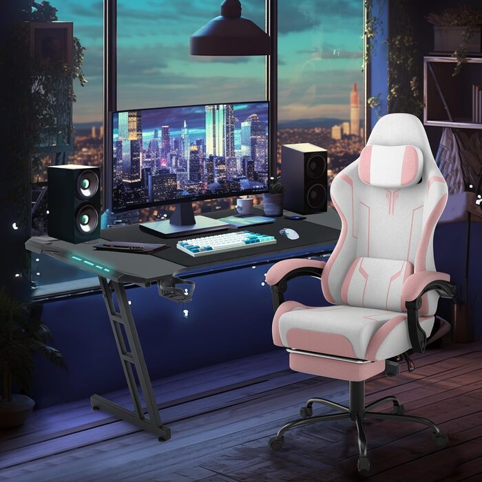Ігрове крісло HENGMEI Ергономічне комп&39ютерне крісло Масажне ігрове крісло Офісне крісло Поворотне крісло з масажною поперековою подушкою, підставкою для ніг, м&39якими підлокітниками Підголівник Настільне ігрове крісло, рожеве - шорстка поверхня