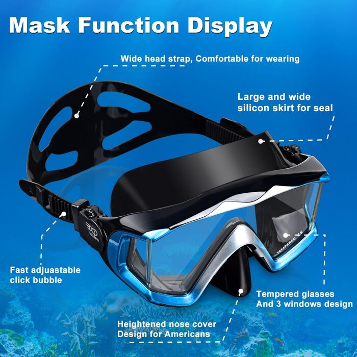 Набір для сноркелінгу, спорядження для сноркелінгу для дорослих, професійна маска для сноркелінгу з антизапотіванням, суха маска для фрідайвінгу, сноркелінгу, плавання, синій комплект для сноркелінгу - Panorama 3