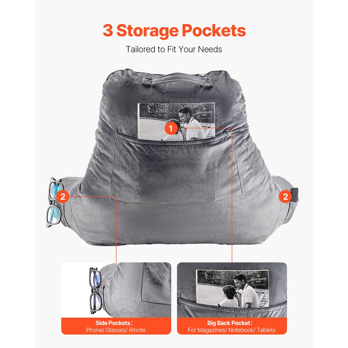 Подушка для читання VEVOR (велика) з подрібненим пінним матеріалом з ефектом пам&39яті, подушка для спини (381 x 508 x 254 мм) з 3 кишенями та коротким оксамитовим чохлом, який можна прати, верх з ручкою, для перегляду телевізора, читання, ігор