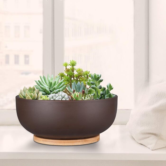Теракотовий горщик 25 см, великий горщик для сукулентних бонсай з дренажним отвором та бамбуковим блюдцем для кімнатних рослин, коричневий