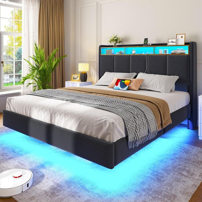 М&39яке ліжко 140x200 см, плаваюче ліжко зі світлодіодним освітленням, узголів&39ям та зарядною станцією (2 розетки змінного струму, 2 USB-порти), ліжко 140x200 з місцем для зберігання речей, сучасне двоспальне ліжко з рейковою основою, льон, сірий колір,