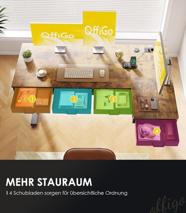 Кутовий стіл OffiGo, регульована висота, 160x80 см, Стіл з регульованою висотою та 4 шухлядами, електричний L-подібний стіл з розеткою для офісу та навчання, великий кутовий стіл, вінтажний коричневий, 160 x 80 см