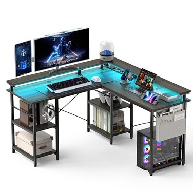 Ігровий стіл зі світлодіодним освітленням та розетками, 140 x 140 см, комп&39ютерний стіл з підставкою для монітора для домашнього офісу, спальні, вітальні, сірий, 140 x 140 x 85 см