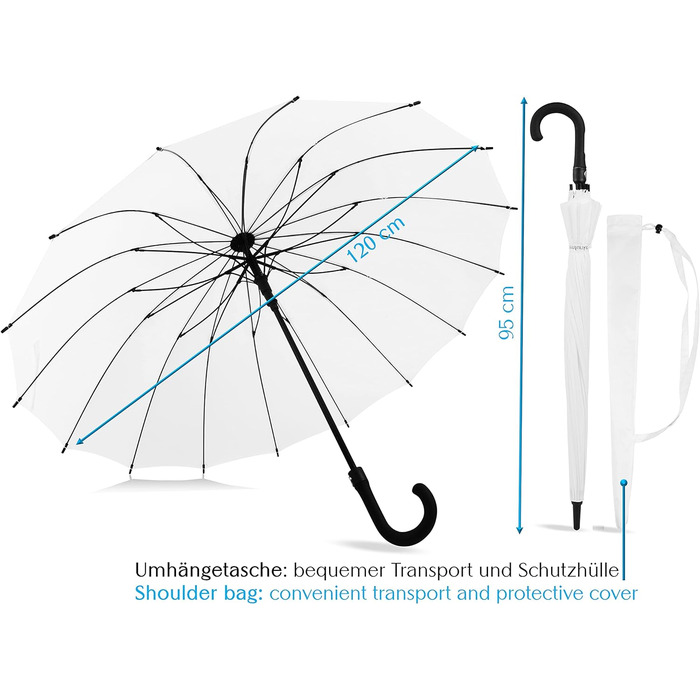 Парасолька Sternenfunke біла велика XXL Ø120 см велика парасолька-палиця благородна, стійка та штормонепроникна для весілля як весільна парасолька або парасолька для пари, для жінок та чоловіків, автоматична кнопка для фіксації біла Ø120 см - велика - XL