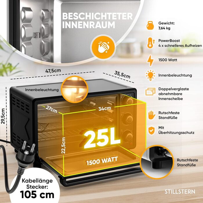 Міні-піч Stillstern з конвекцією (25 л) НОВИНКА CYCLONE PRO (антипригарне покриття), версія DE, вставка для фритюрниці, буклет з рецептами, гриль на грилі 1500 Вт Міні-піч для піци Ідеальна для кемпінгу