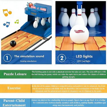 Електронний боулінг для домашнього використання - Складаний аркадний автомат з автоматичним налаштуванням кеглей, світлодіодним дисплеєм та звуком - Портативне спортивне обладнання для відпочинку та офісу, вечірок та заходів (2 м/6 футів)