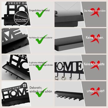 Ключниця з поличкою без свердління чорна, Ключниця сучасна, Ключниця настінна з 7 гачками для ключів і вішалкою, Ключниця для прик