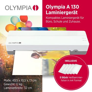 Ламінатор OLYMPIA A 130 A3 Компактний ламінатор для офісу, школи та дому Гаряче ламінування до 320 мм Для ламінувальних пакетів 80125 мікрон Ламінатор A3 та A4 Ламінатор білий та сірий A 130