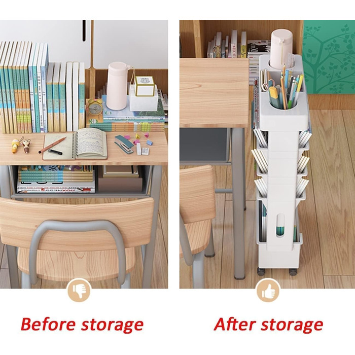 Мобільна книжкова полиця для класу біля столу, 5-ярусний візок на колесах, органайзер для столу, підставка для книг та журналів, вузький візок для зберігання речей у домашній бібліотеці