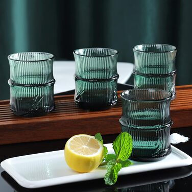 Набір Joeyan з 4 шт. абельованих склянок для пиття бамбукової форми - 260 мл тиснені скляні стакани вінтажні зелені креативні скля