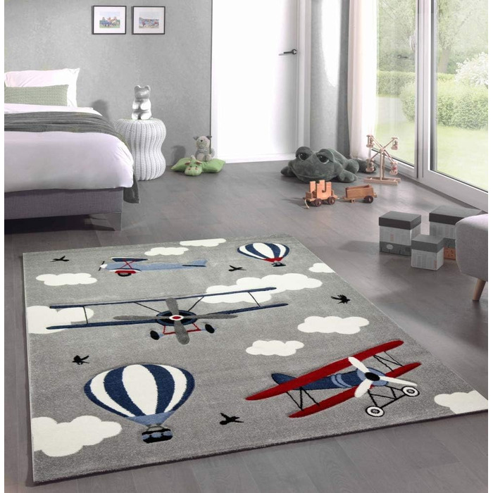 Килим для дитячої кімнати Літаки Біплан Повітряна куля сірий синій крем Розмір 200 х 290 см