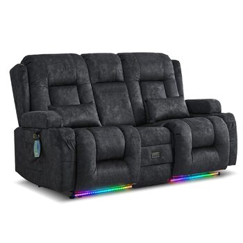 Двомісний крісло-реклайнер з функцією відкидання спинки, електрично регульоване крісло для телевізора з підігрівом та вібромасажем, крісло для домашнього кінотеатру з мультимедійною центральною консоллю, оксамит, сірий. Сірий двомісний крісло з консоллю