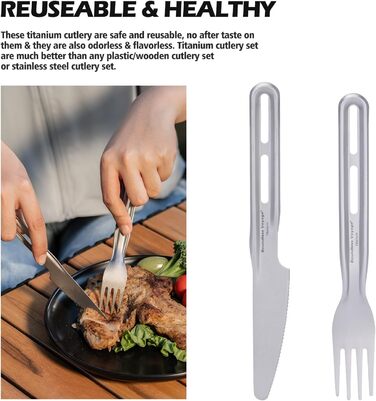 Титанові кемпінгові аксесуари Boundless Voyage, ніж, ложка, виделка, набір паличок для їжі, надлегкий набір столових приборів для супу, їжі, салату, пасти (ti1125t-d)