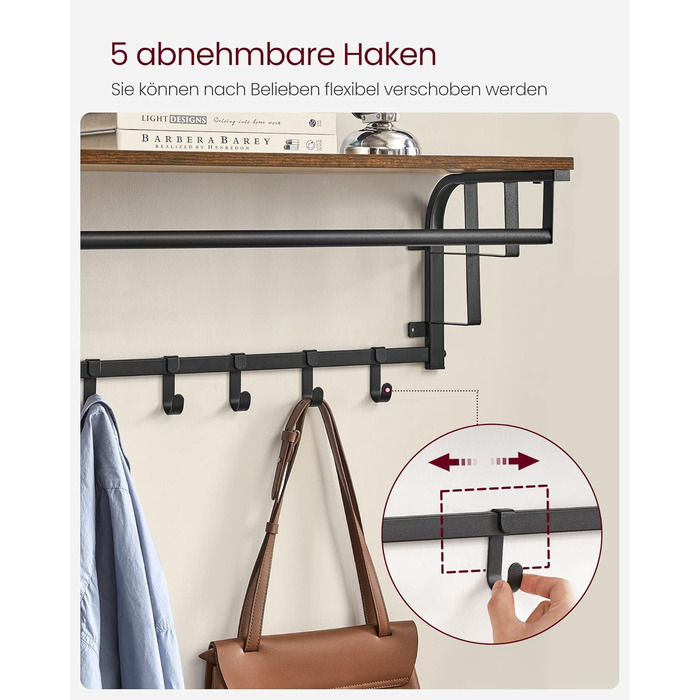 Настінна вішалка VASAGLE з полицею для зберігання, настінна полиця з 5 знімними гачками, підвісна полиця з рейкою для одягу, для п