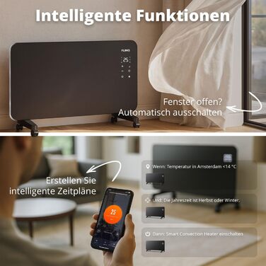 Розумний конвектор FlinQ 2000 Вт - Скляний конвектор, керування за допомогою застосунку - Обігріває до 60 м - Портативний електричний обігрівач - 96 x 46 x 13 см - Чорний