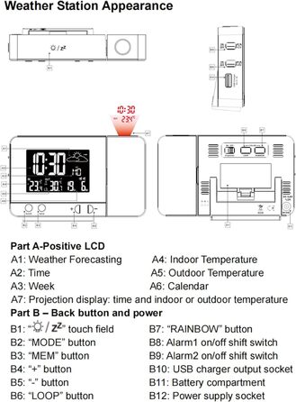 Метеостанція HJRUIUA з цифровим проекційним будильником, з зовнішнім датчиком DCF, зовнішня температура в приміщенні, прогноз погоди, час, функція повтору, 8 кольорів підсвічування з можливістю перемикання