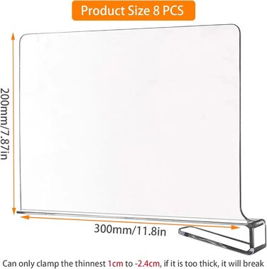 Прозорих акрилових роздільників для полиць, багатофункціональні роздільники для полиць, роздільники для полиць 30x20 см, роздільники для гардеробу для спальні, кухні, шаф та організації, 8 шт.