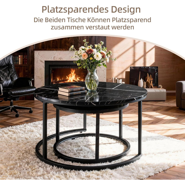 Набір журнальних столиків з 2 шт. , бічний столик, стіл для вітальні, журнальний столик з регульованою висотою, для вітальні, круглий дерев&39яний журнальний столик з чорним металевим каркасом, діаметр 70/50 см, чорний
