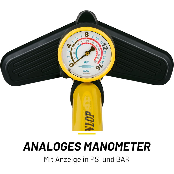 Велосипедний насос Dunlop з подвійним клапаном - велосипедний повітряний насос з 2 адаптерами - для всіх клапанів - клапани Dunlop, Presta та Schrader - 12 бар/180 PSI - ножний насос, манометр, жовтий