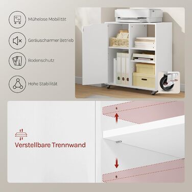 Шафа для документів WOLTU з колесами, стіл для принтера з 3 відкритими відділеннями, 1 дверцята, регульовані полиці, для дому та офісу, 60x70x35 см, білий