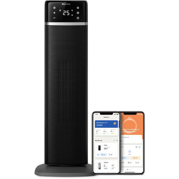 Баштовий вентилятор-обігрівач, 2000 Вт, керування за допомогою застосунку, економія енергії до 50, дисплей температури, 5 функцій безпеки, 4 режими, коливання 60, тихий, чорний/сірий (CX5120/11) Сірий баштовий вентилятор-обігрівач, 2000 Вт, 5000