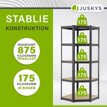 Кутова полиця для зберігання Juskys, базова, 180 x 70 x 40-70 см (В x Ш x Г) - 875 кг - 5 полиць - Оцинкований метал - Надміцний стелаж безболтовий, підвальний, сірий