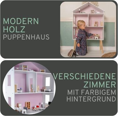 Дерев&39яний ляльковий будиночок "Бандити та ангели", білий та рожевий, сучасна вілла, вік 3, висота 115,5 см включає 47 предметів меблів ляльковий будиночок іграшка для ляльок, висота 115 см