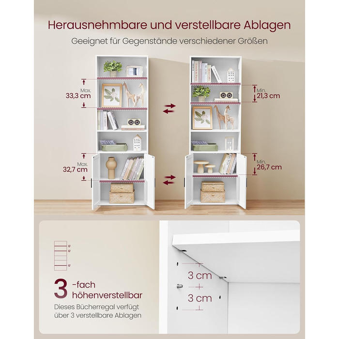 Колекція Custos - Книжкова полиця, висока 6-ярусна, окремостояча полиця з дверцятами, відкрита полиця для зберігання, 24 x 60 x 175 см, для вітальні, домашнього офісу, їдальні, хмарно-білий LBC402W01 60B см хмарно-білий