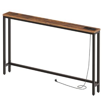 Вузький консольний столик HOOBRO, бічний столик довжиною 140 см, диванний столик із зарядною станцією, передпокійний столик, за диваном, у вітальні, у коридорі, металевий каркас, вінтажний коричнево-чорний EBF145CXG01 Вінтажний коричневий чорний