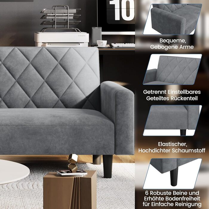 Місний диван Yaheetech з функцією сну, розкладний диван 159 см з оксамитової тканини, невеликий розкладний диван, спальна зона 140,5 94 см, для вітальні/спальні, темно-сірий, 2-