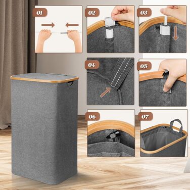 Кошик для білизни з кришкою 105 л кошик для білизни складаний з тканини Оксфорд 600D зі знімним мішком для білизни бамбуковий ящик