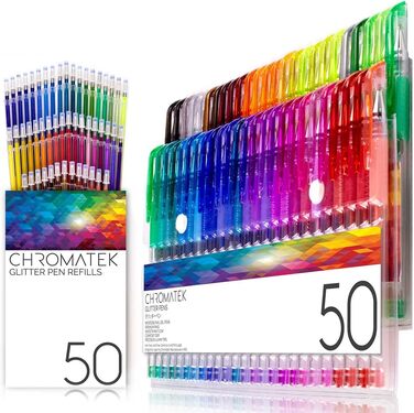 Блискучі олівці CHROMATEK, 100 шт. , 50 гелевих ручок, 50 змінних наповнювачів, супер блиск, дуже яскраві кольори, без повторень, професійні художні олівці, нові та покращені