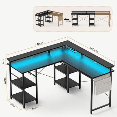 Ігровий стіл зі світлодіодним освітленням та розетками, 140 x 140 см, комп&39ютерний стіл з підставкою для монітора для домашнього офісу, спальні, вітальні, сірий, 140 x 140 x 85 см