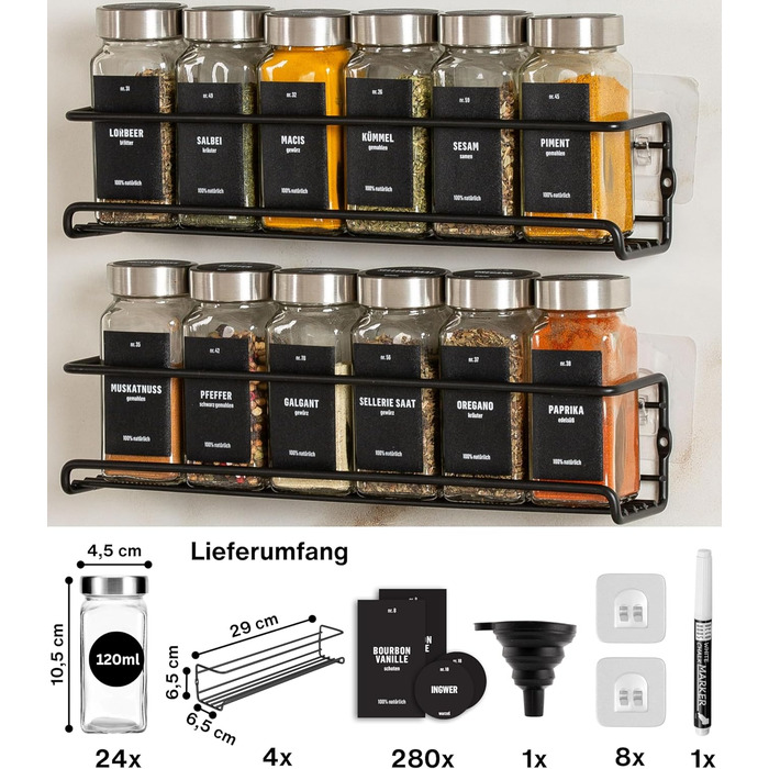 Настінна підставка для спецій Deco haus (свердління не потрібне) З 24 БАНКАМИ ДЛЯ СПЕЦІЙ ТА ЕТИКЕТКАМИ - Підвісна підставка для спецій, комплект з 4 шт. - Чорний тримач для спецій (свердління не потрібне) - Органайзер для спецій - Кришки з нержавіючої ста