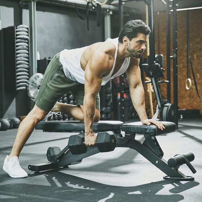 Силова лава GORILLA SPORTS - 8-позиційна спинка та 3-позиційне регульоване сидіння, 156x5114 см, вантажопідйомність до 400 кг, багатофункціональна, з опорою для ніг - похила лава, лава з нахилом, плоска лава, тренувальна лава