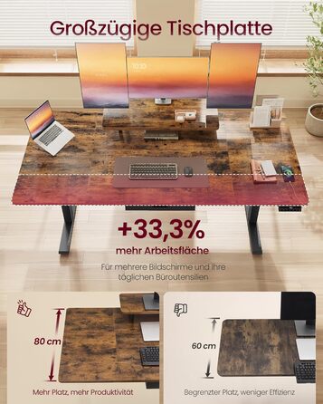 Письмовий стіл з регульованою висотою, 160 x 80 см, гнучка підставка для монітора, шухляда, порт USB-C, нагадування про тривале сидіння, для офісу, вінтажний коричневий LSD156KD01 160 x 80 см вінтажний коричневий