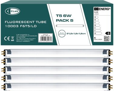 Люмінесцентна лампа, люмінесцентні лампи, люмінесцентна лампа T5, T5 6W, люмінесцентна лампа T5, люмінесцентна лампа під шафою, холодний білий 21,2 x 1,6 см (6 Вт T5, упаковка 5)