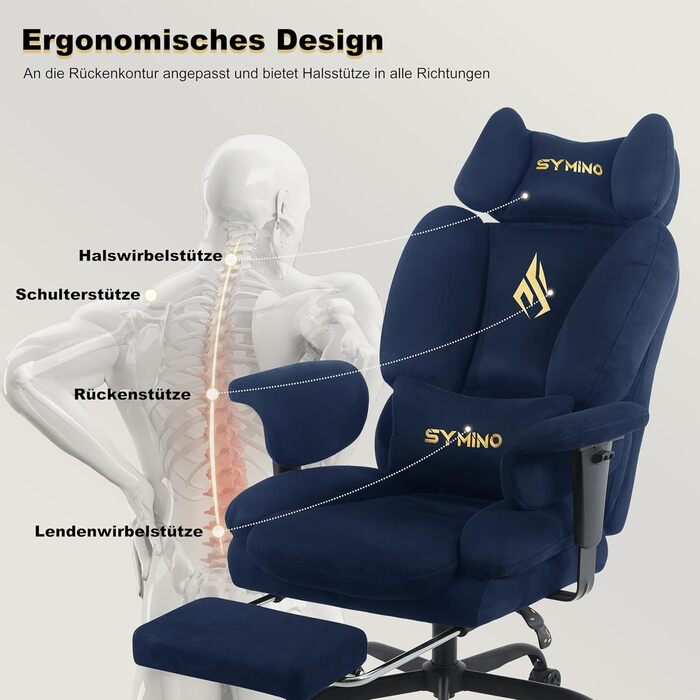 Ігрове крісло Symino, схоже на диван, з огортаючим сидінням, ергономічне офісне крісло керівника, стілець зі штучної замші, комп&39ютерне крісло з регульованою висотою, вантажопідйомність 130 кг, темно-синє