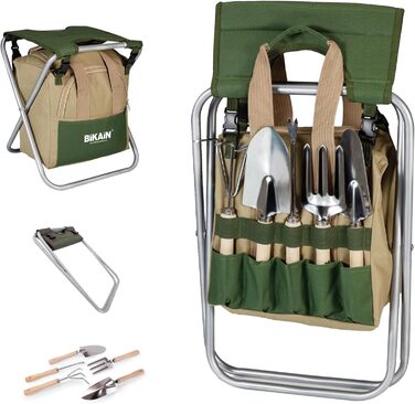 Складаний садовий табурет BIKAIN набір інструментів сумка для зберігання на блискавці включає 5 інструментів з деревяними ручками, коричневий